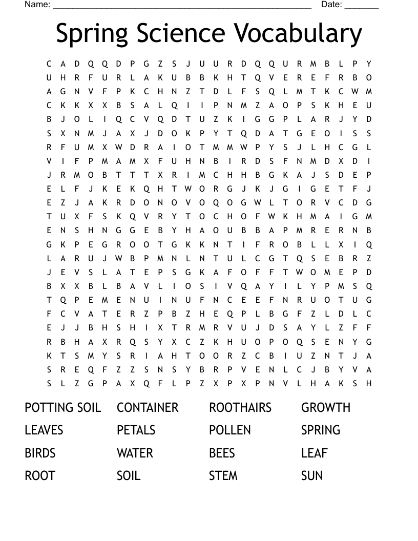 Spring Science Vocabulary Word Search