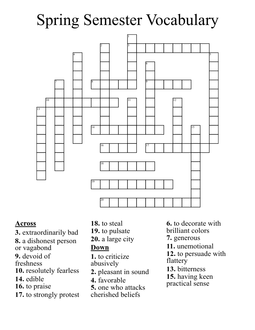 Spring Semester Vocabulary Crossword