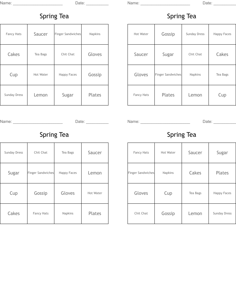 Spring Tea Bingo Cards