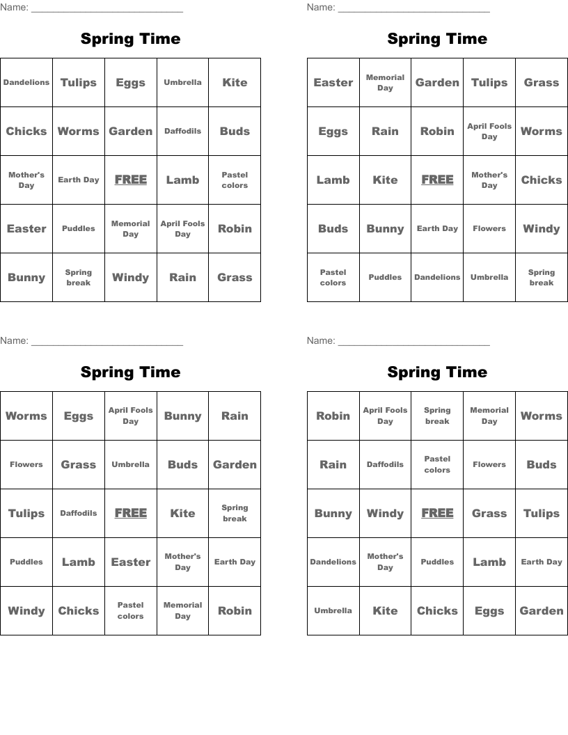 Spring Time Bingo Cards