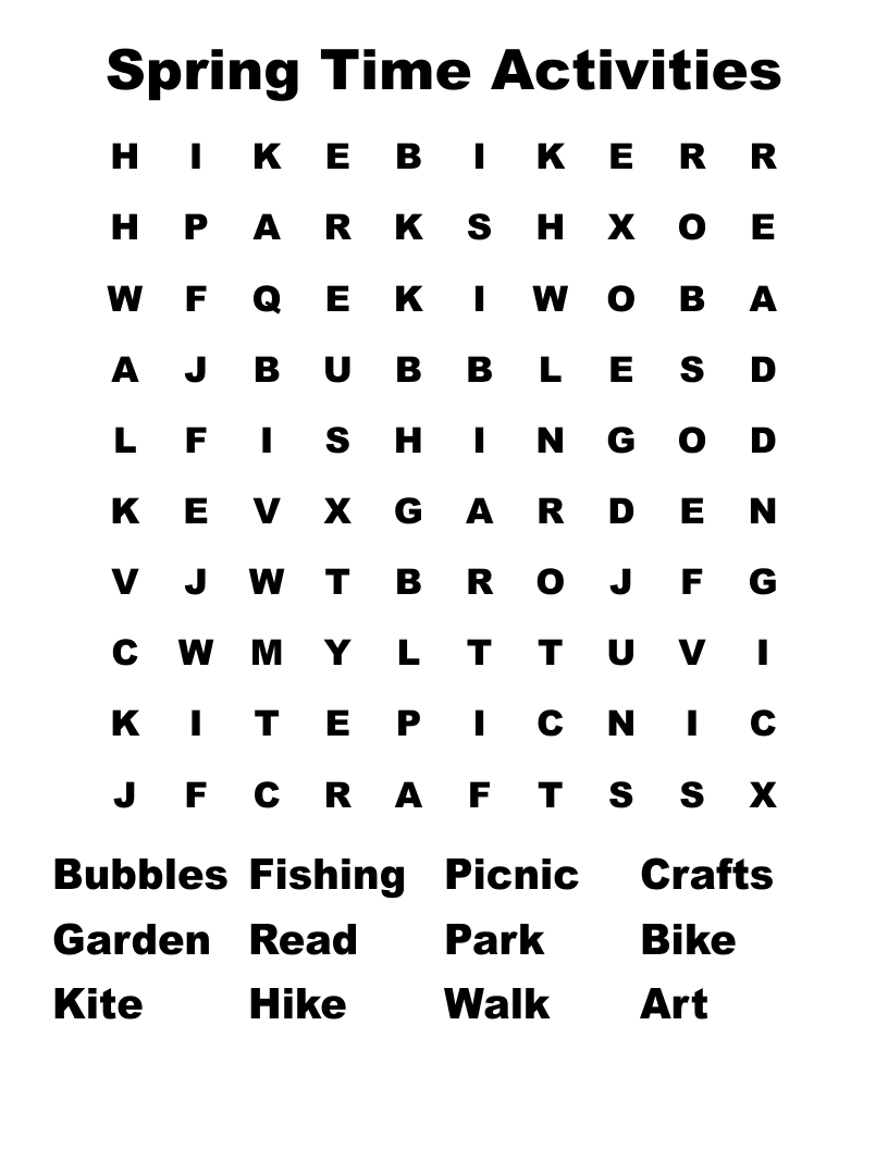 Spring Time Activities Word Search