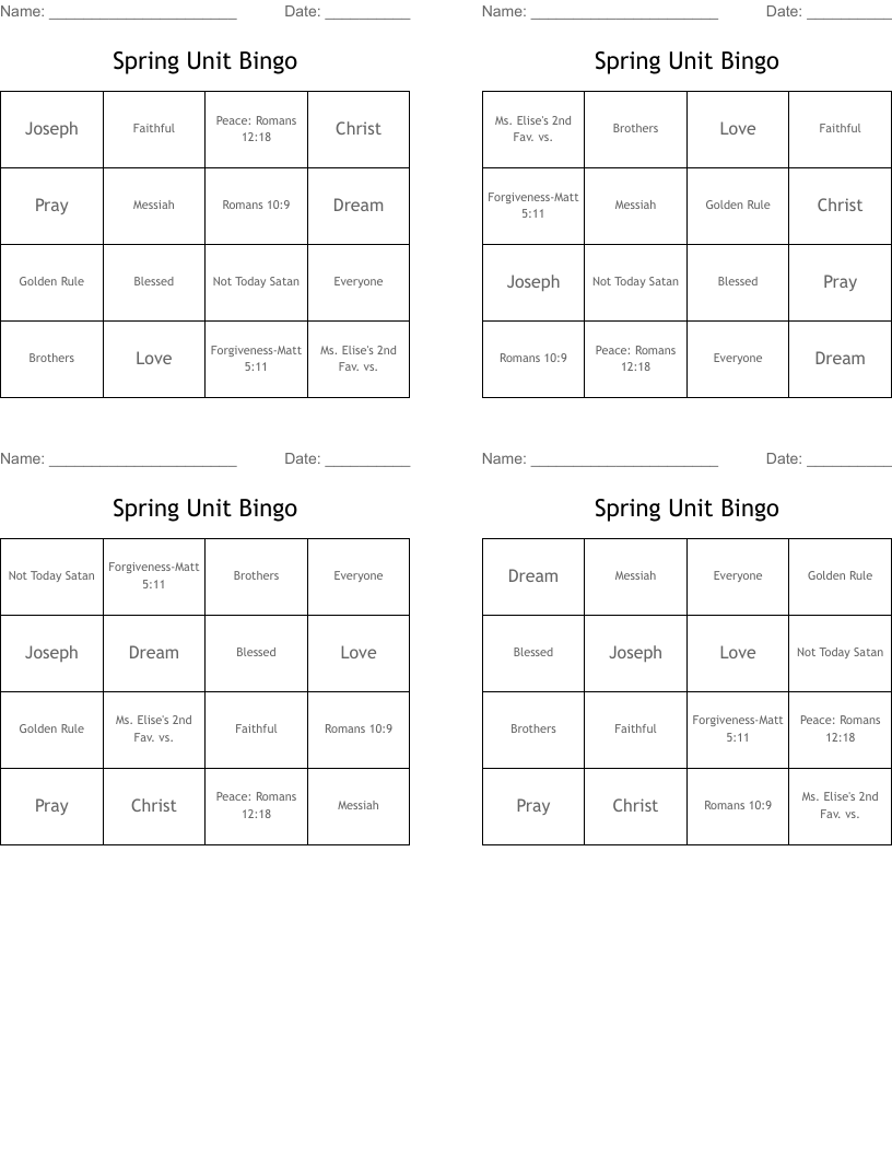 Spring Unit Bingo