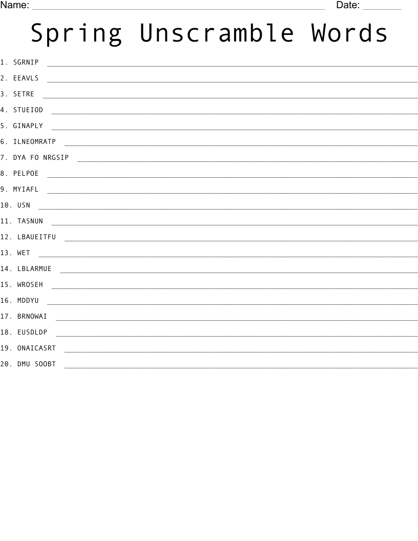 Spring Unscramble Words 