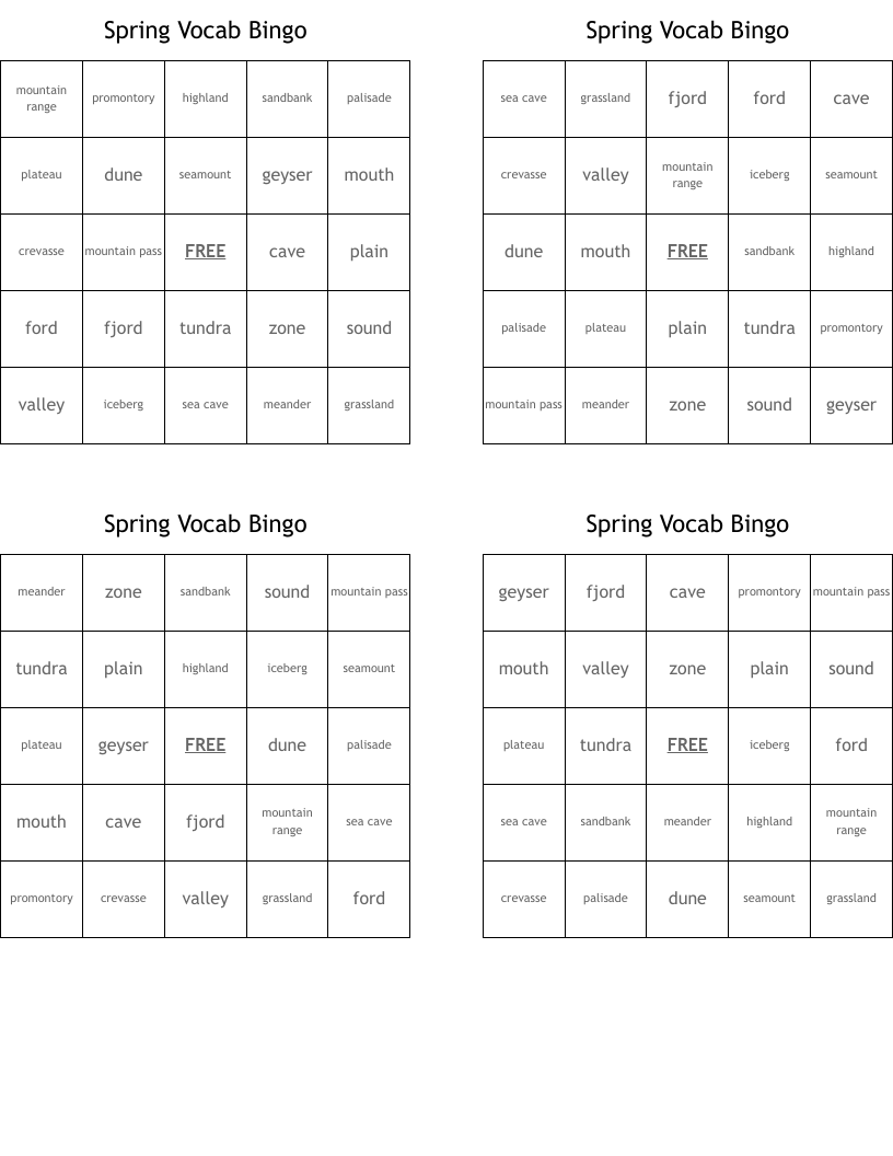 Spring Vocab Bingo