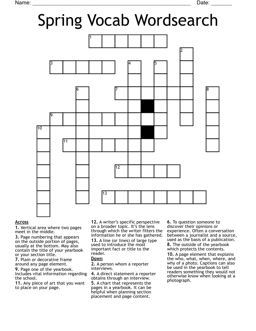 Spring Vocab Wordsearch Crossword