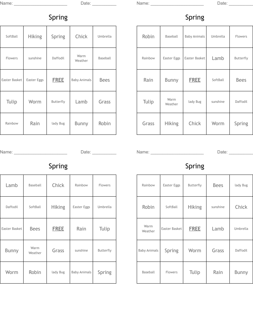 Spring  Bingo Cards