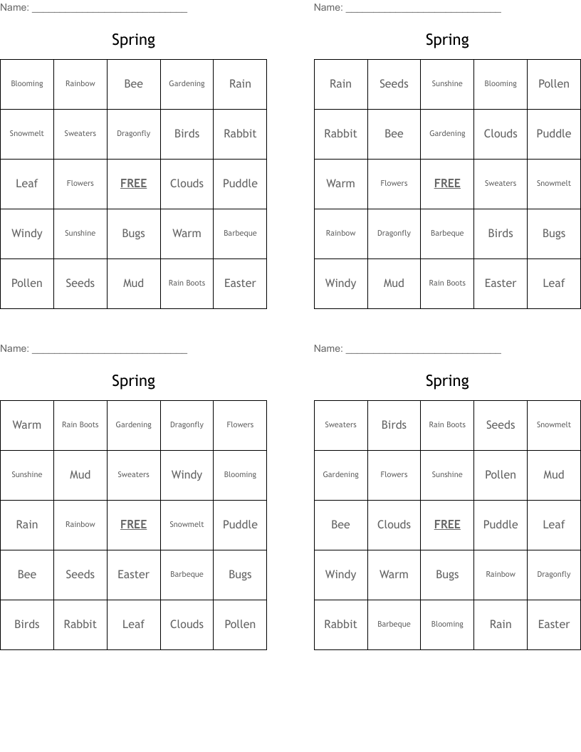 Spring  Bingo Cards