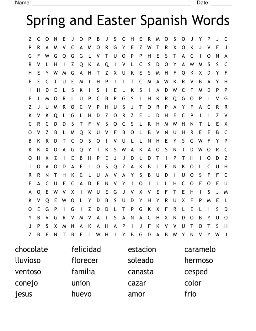 Spring and Easter Spanish Words Word Search