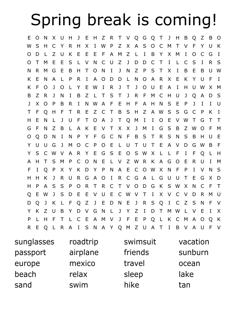 Spring break is coming! Word Search