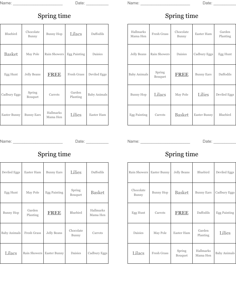 Spring time Bingo Cards