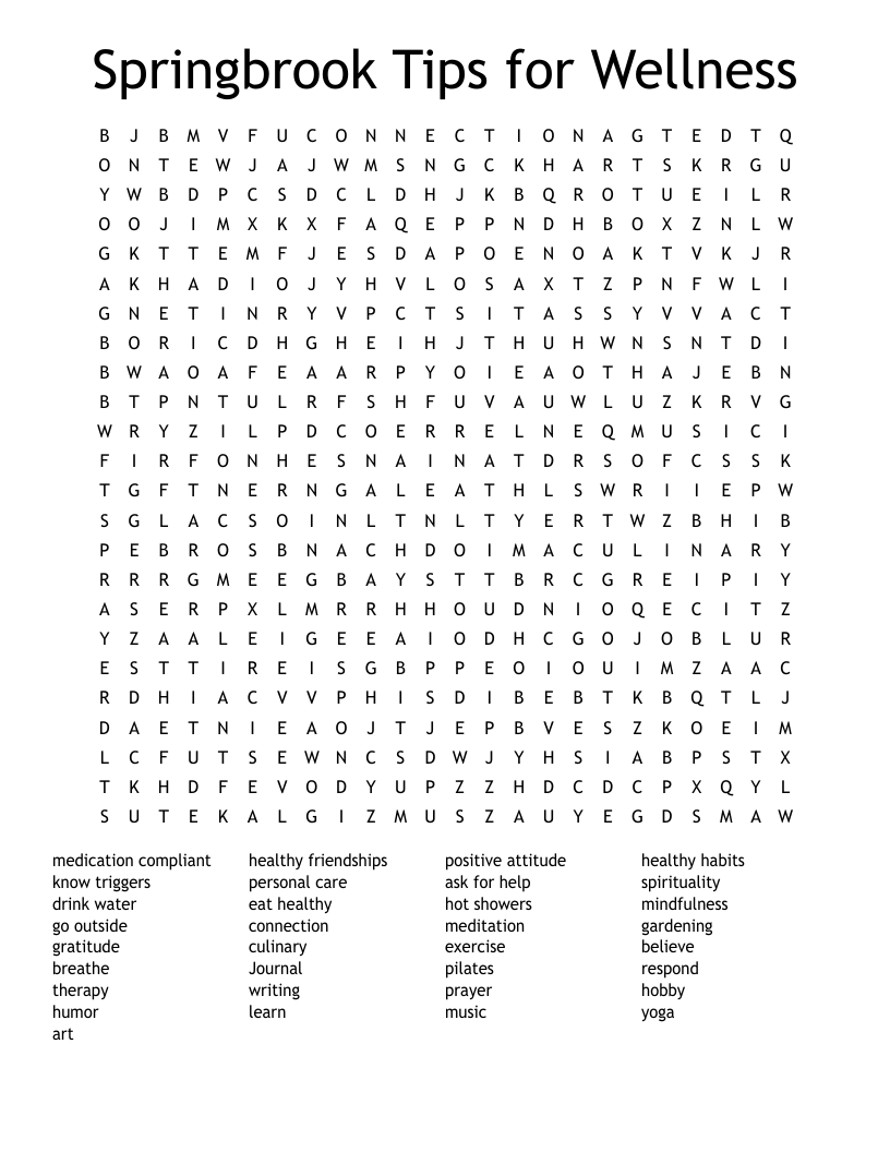 Springbrook Tips for Wellness Word Search