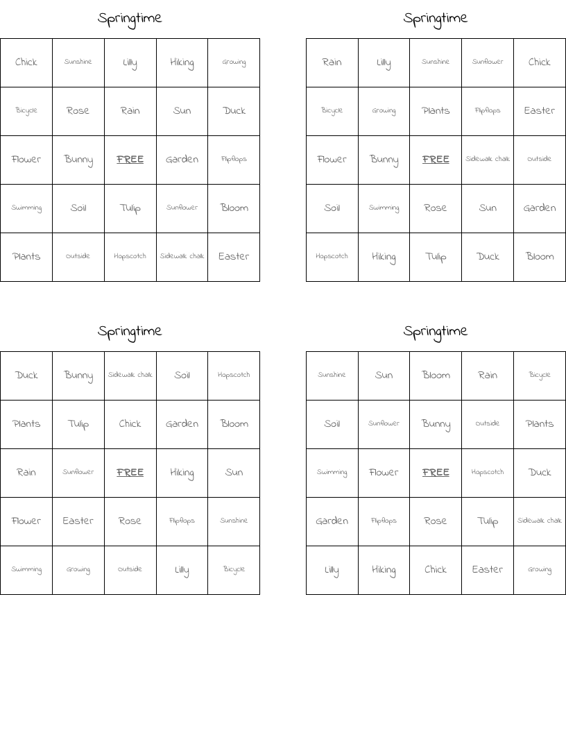 Springtime Bingo Cards