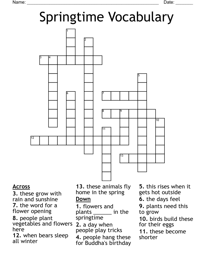 Springtime Vocabulary Crossword