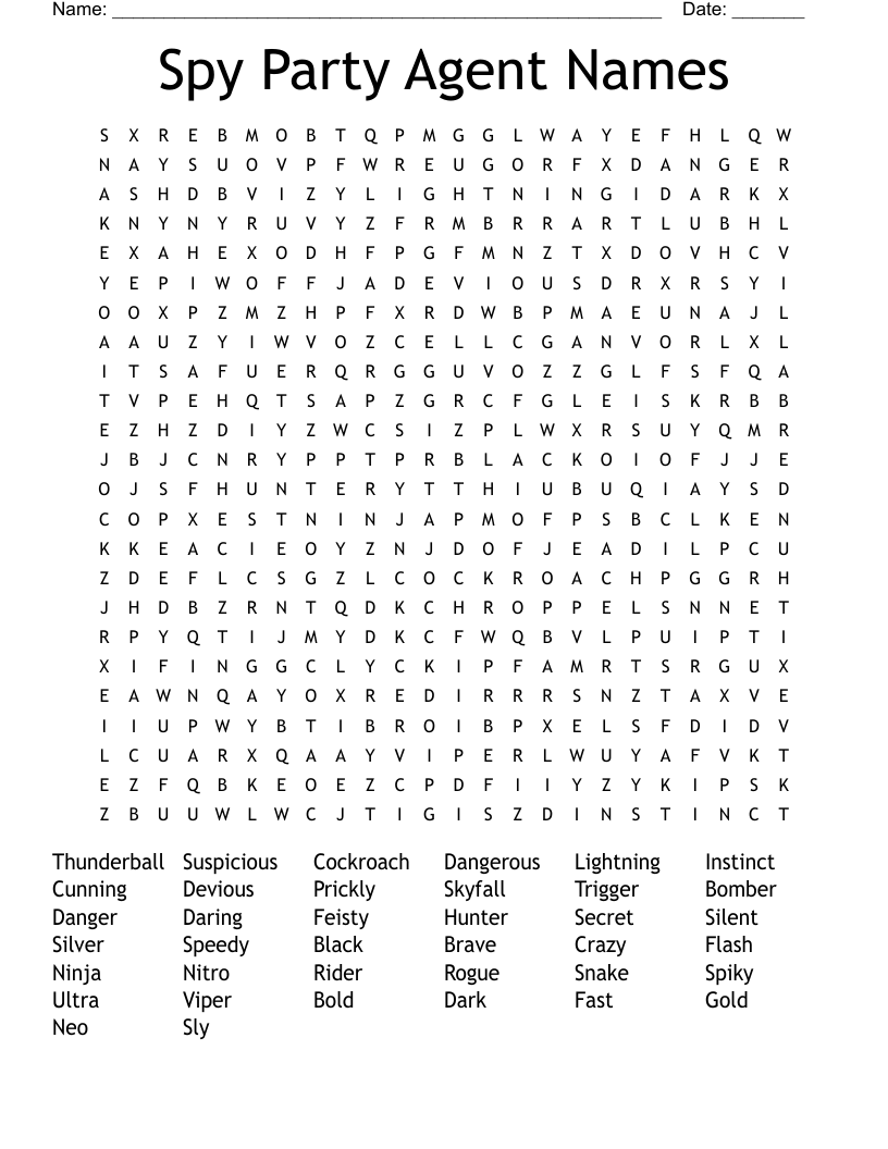 Spy Party Agent Names Word Search