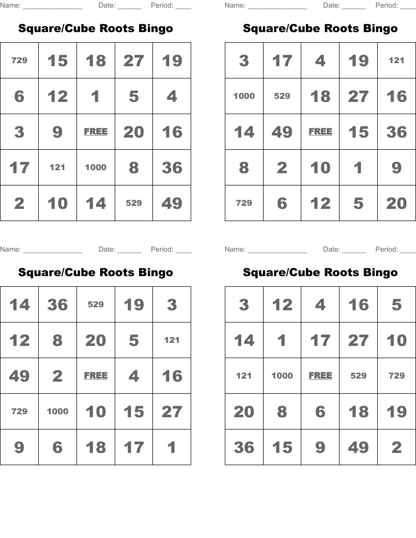 Square/Cube Roots Bingo 
