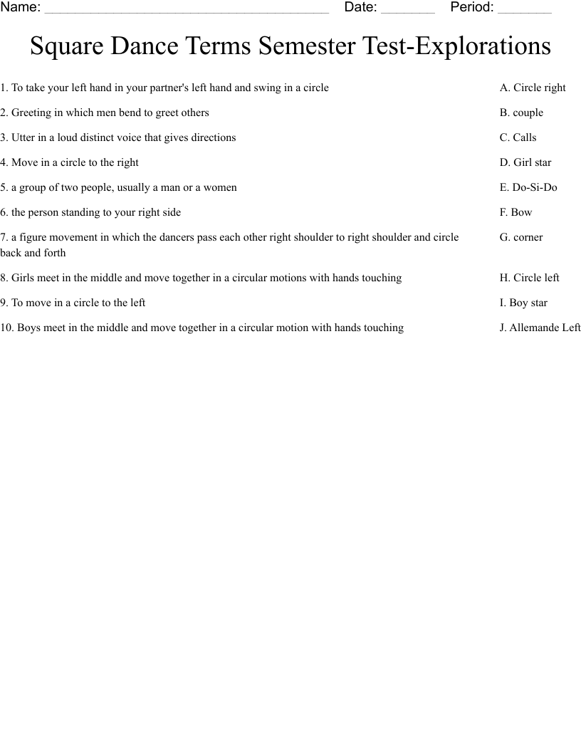 Square Dance Terms Semester Test-Explorations Worksheet