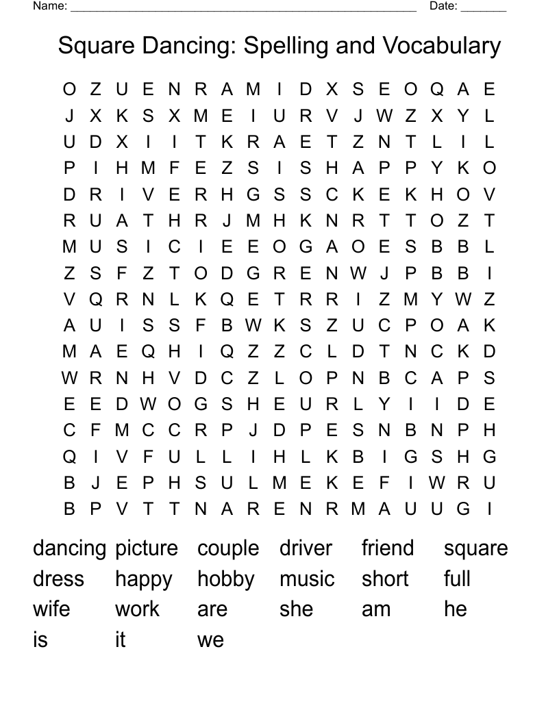 Square Dancing: Spelling and Vocabulary Word Search