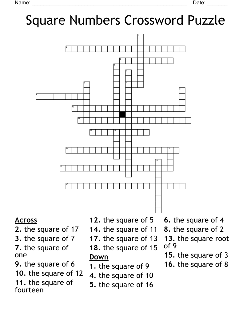 Square Numbers Crossword Puzzle