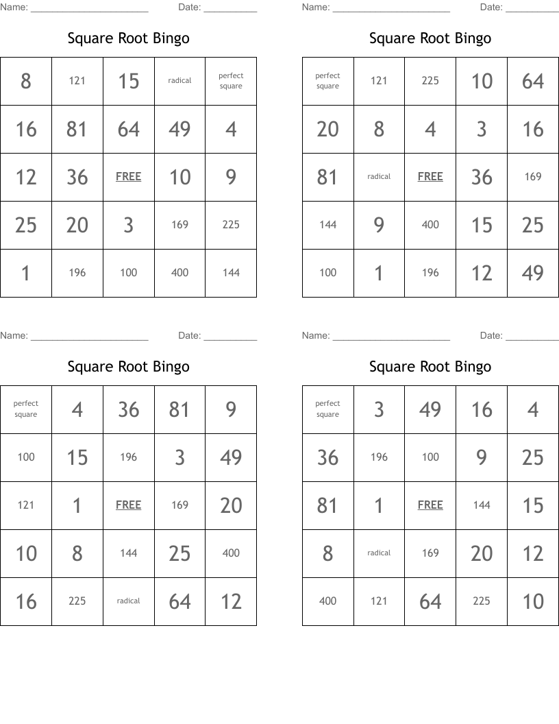 Square Root Bingo