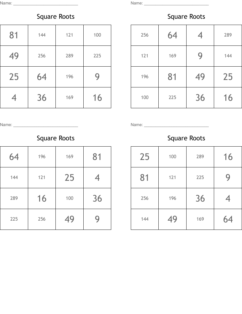 Square Roots Bingo Cards
