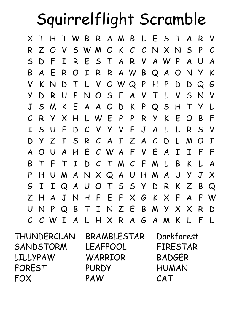 Squirrelflight Scramble Word Search