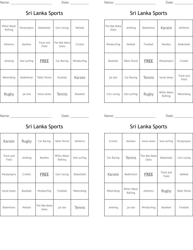 Sri Lanka Sports  Bingo Cards