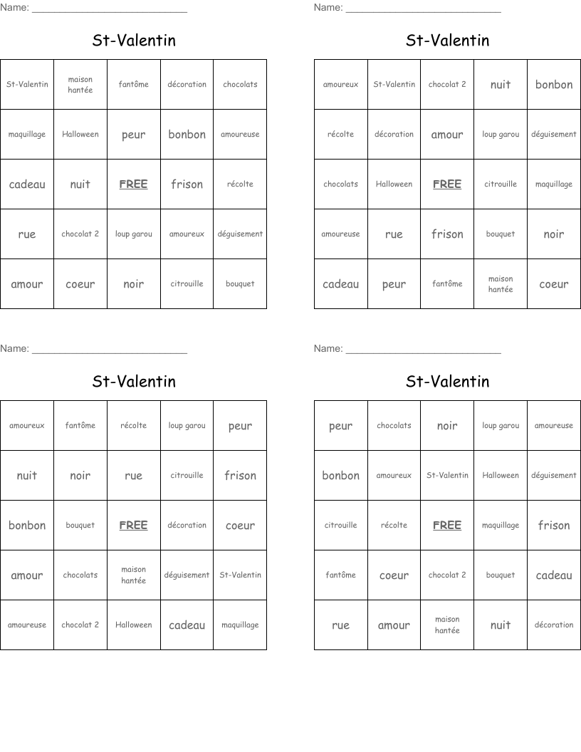 St-Valentin Bingo Cards