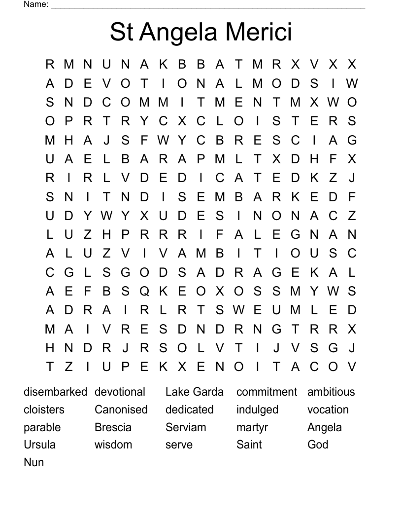 St Angela Merici Word Search