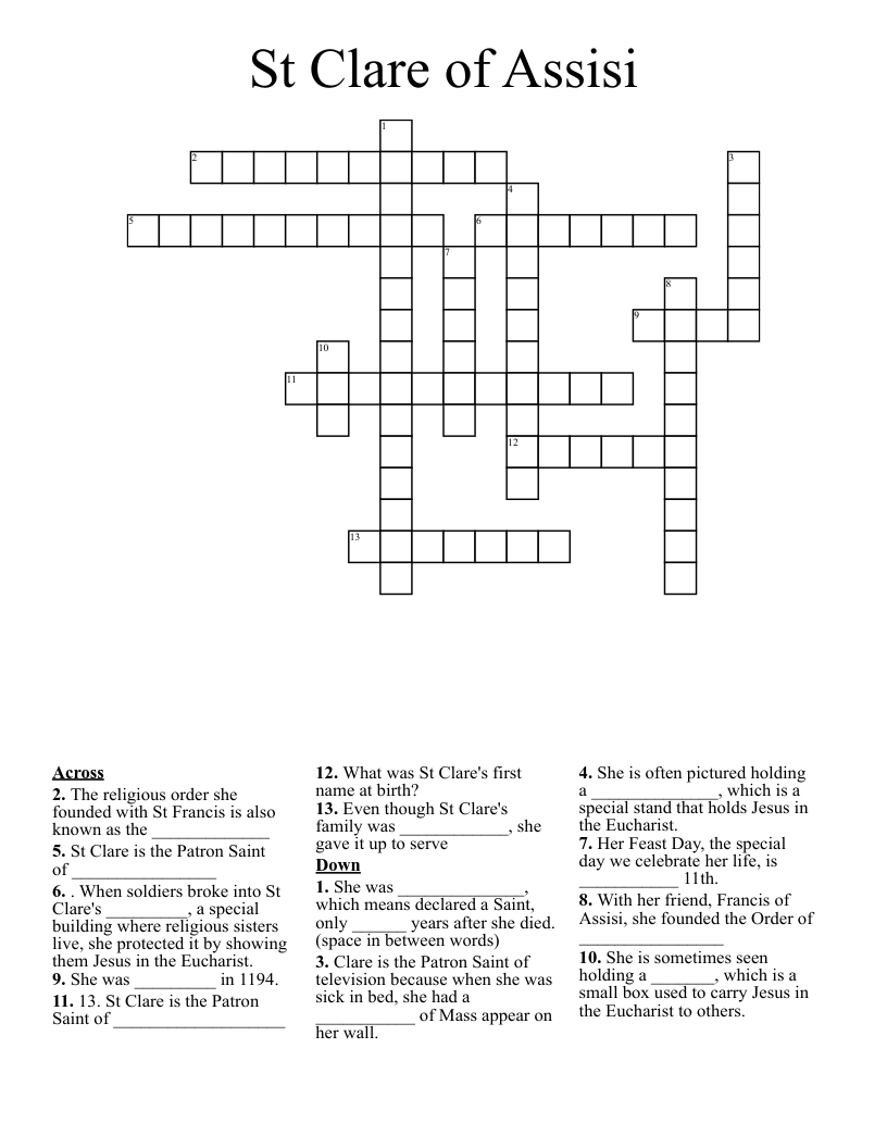 St Clare of Assisi Crossword