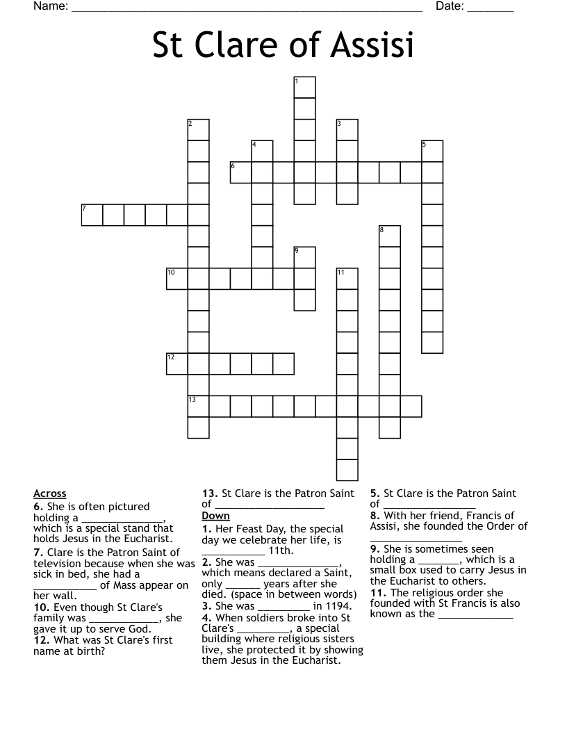 St Clare of Assisi Crossword