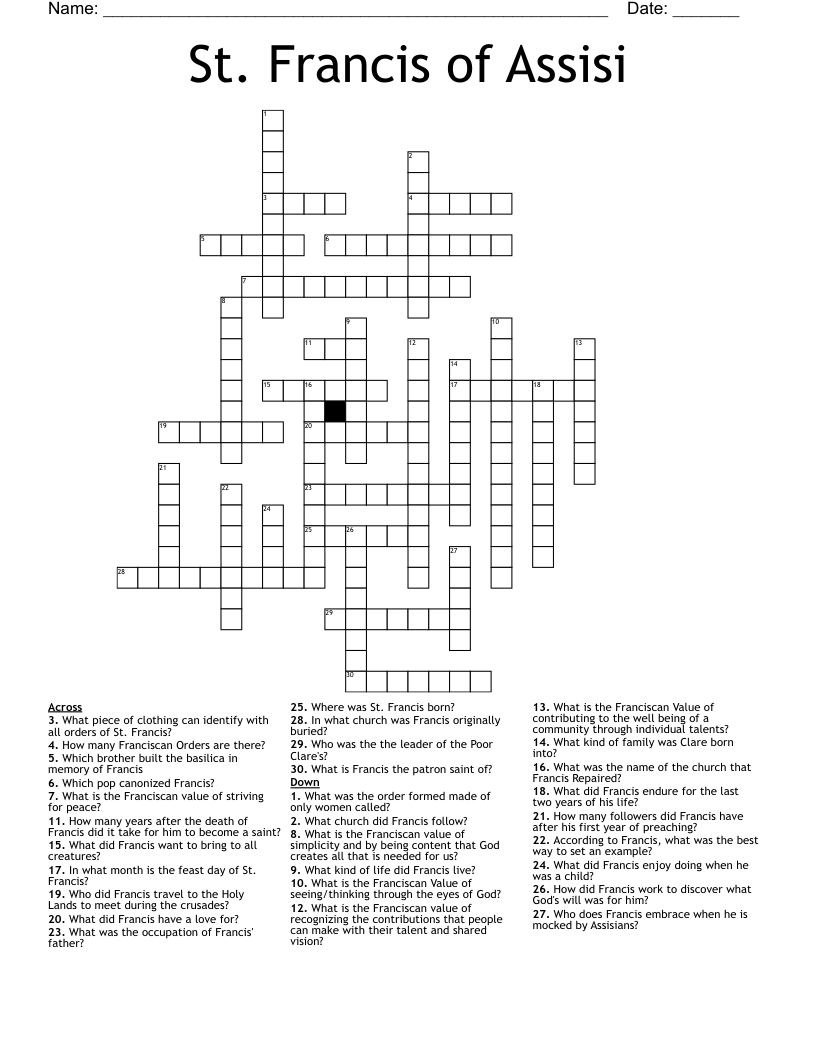St. Francis of Assisi Crossword