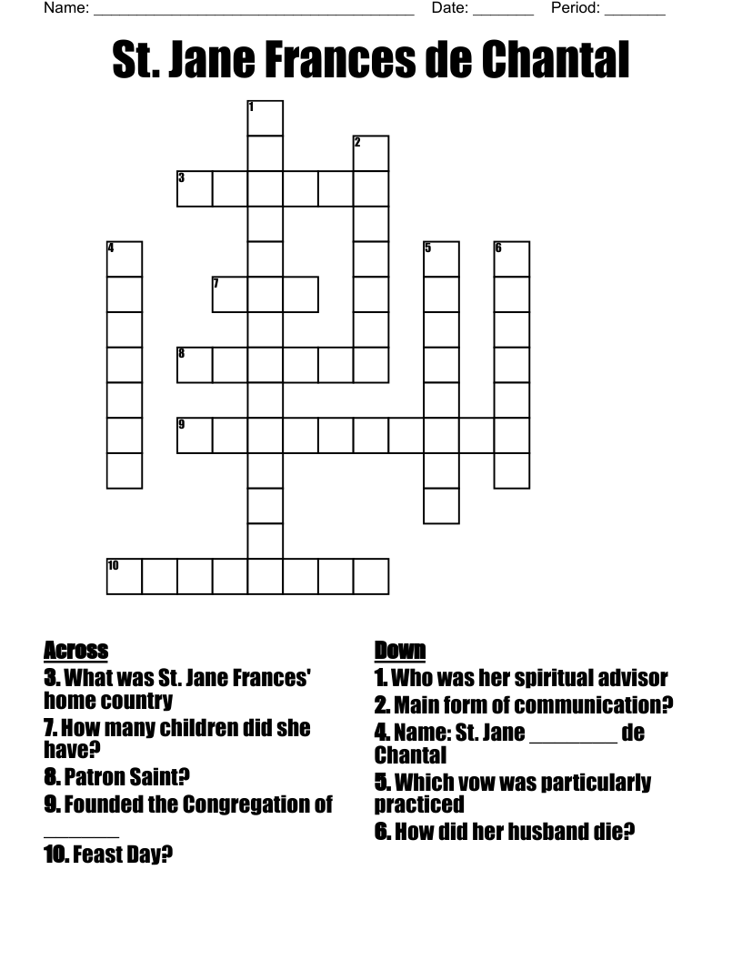 St. Jane Frances de Chantal Crossword