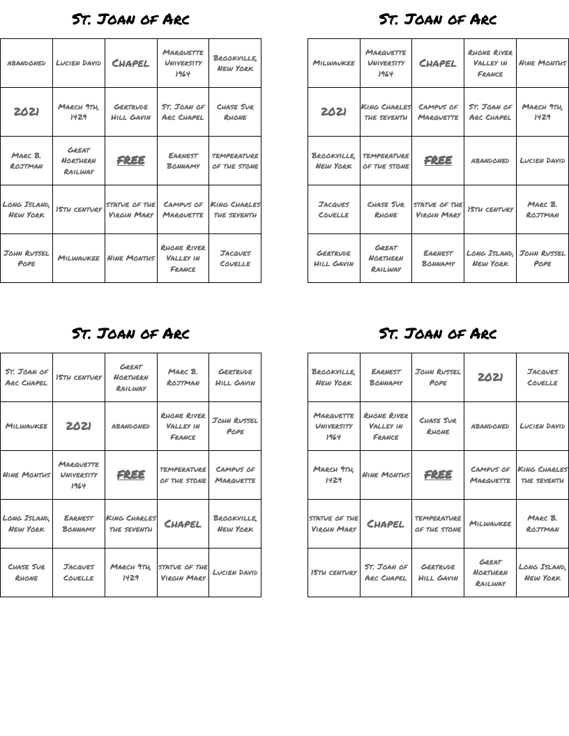 St. Joan of Arc Bingo Cards