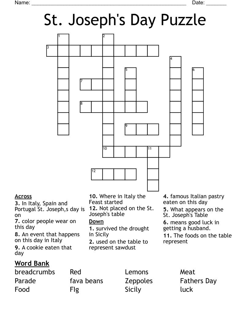 St. Joseph's Day Puzzle Crossword