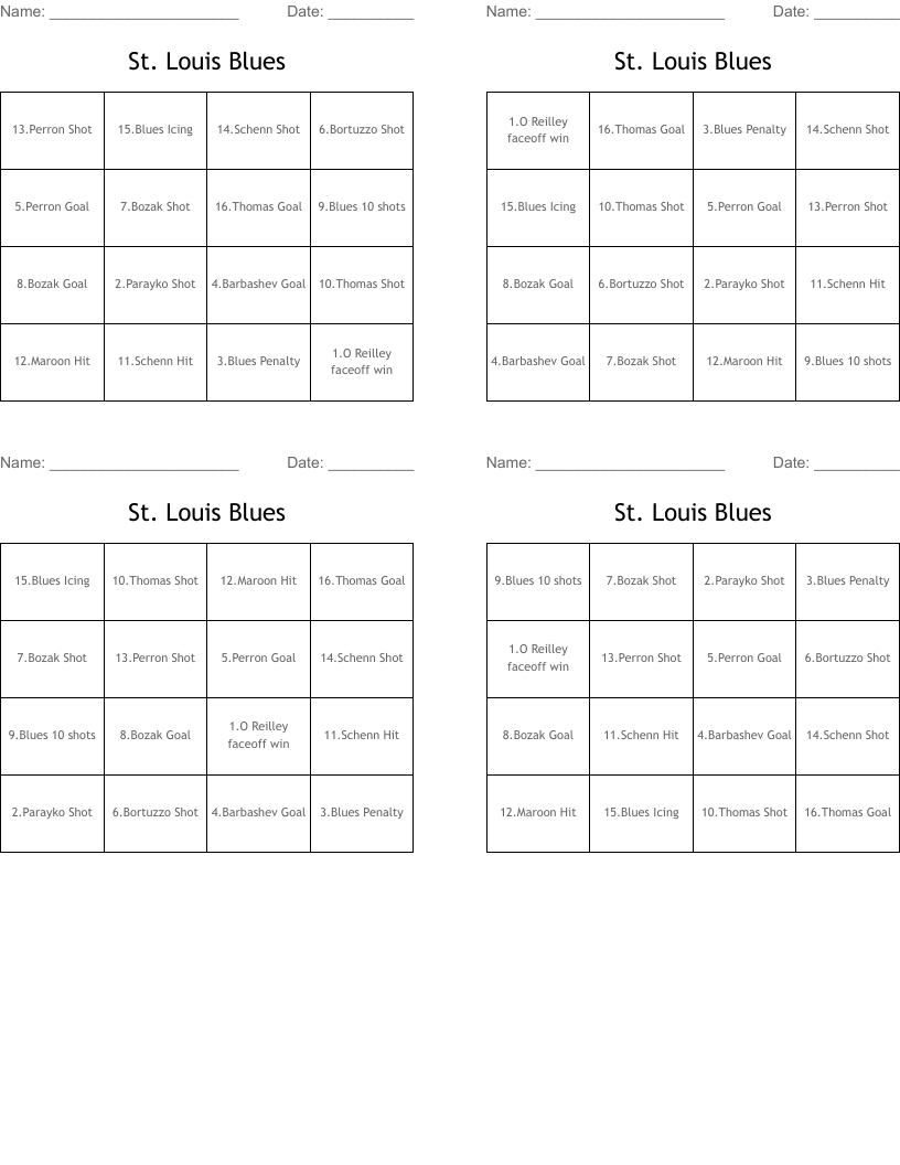 St. Louis Blues Bingo Cards
