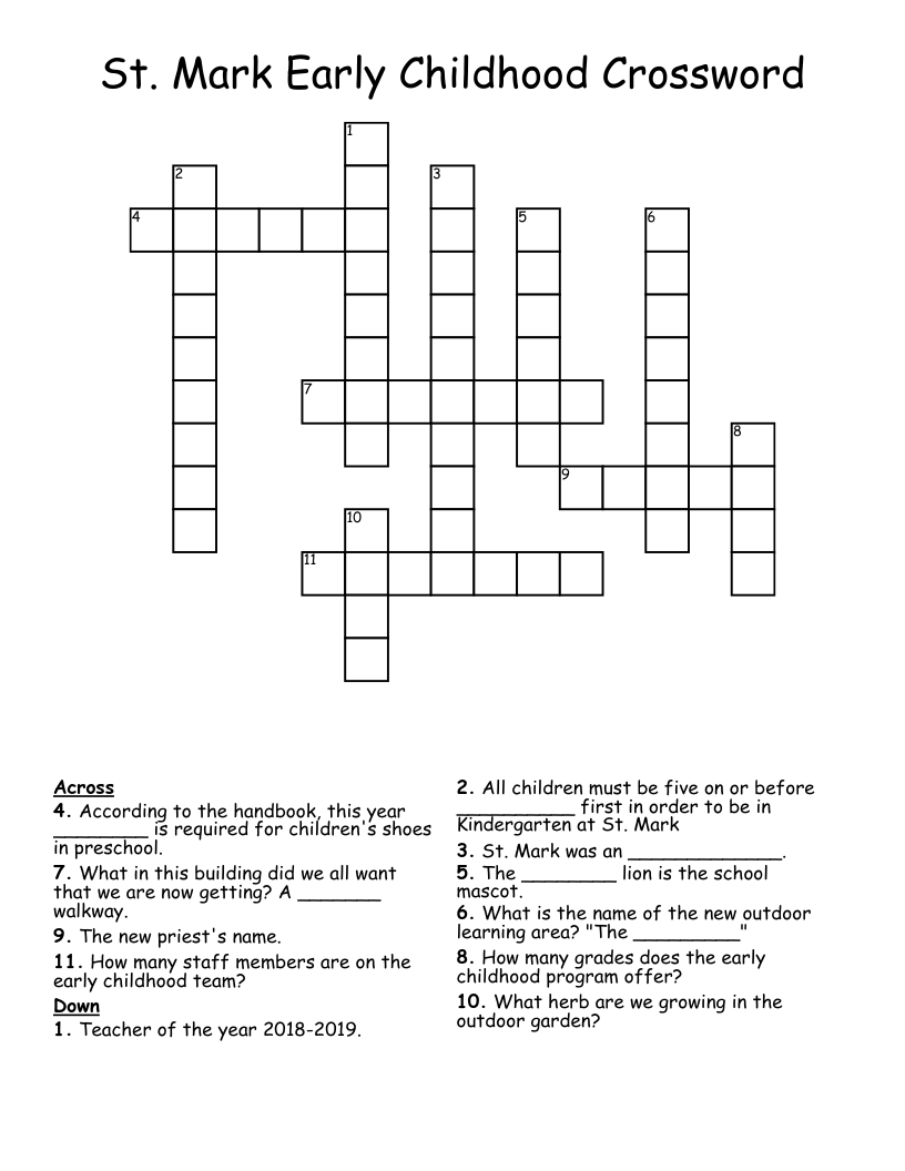 St. Mark Early Childhood Crossword 