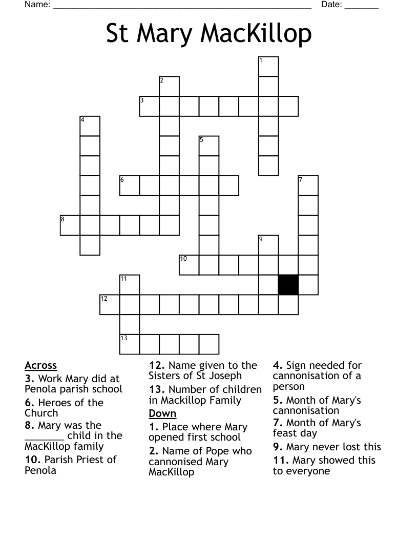 St Mary MacKillop Crossword