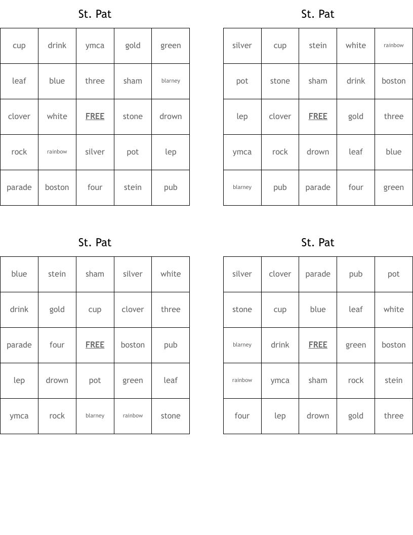 St. Pat Bingo Cards