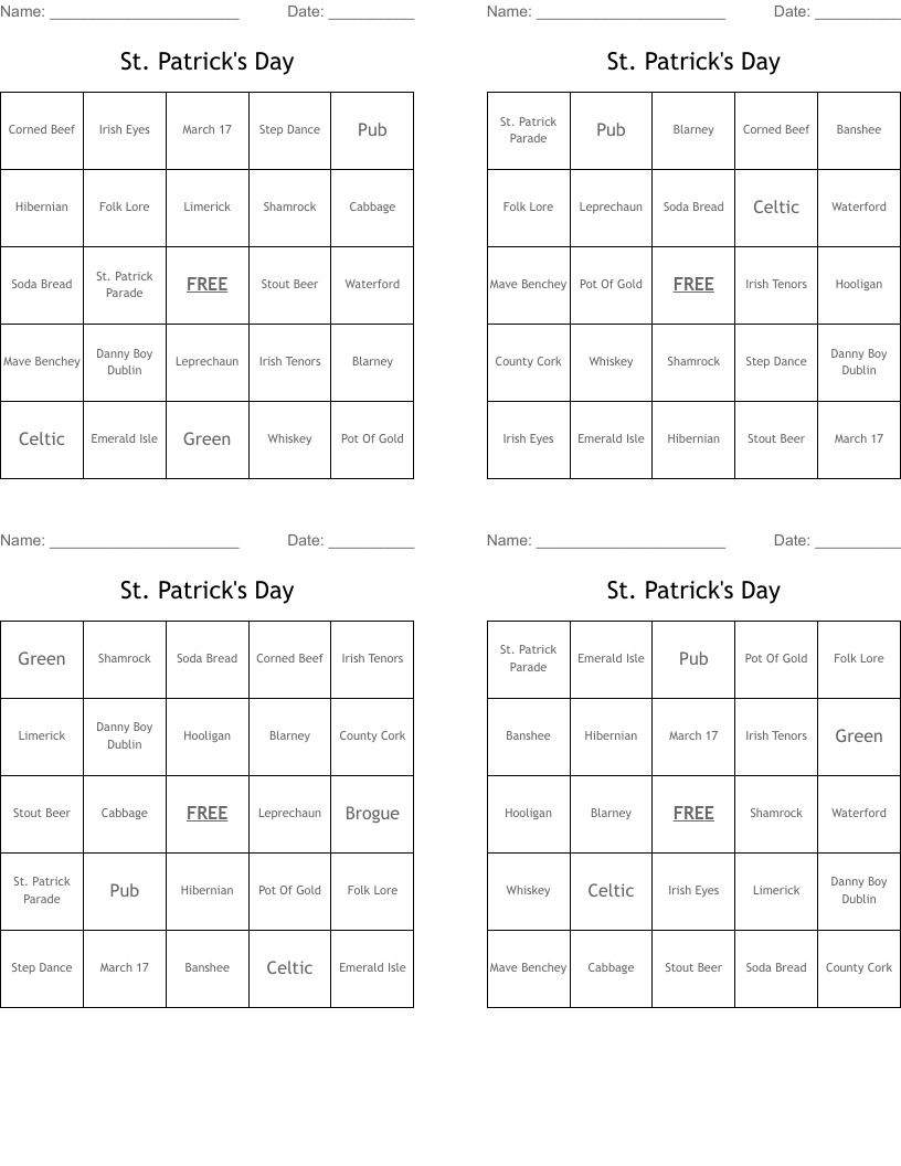 St. Patrick's Day Bingo Cards