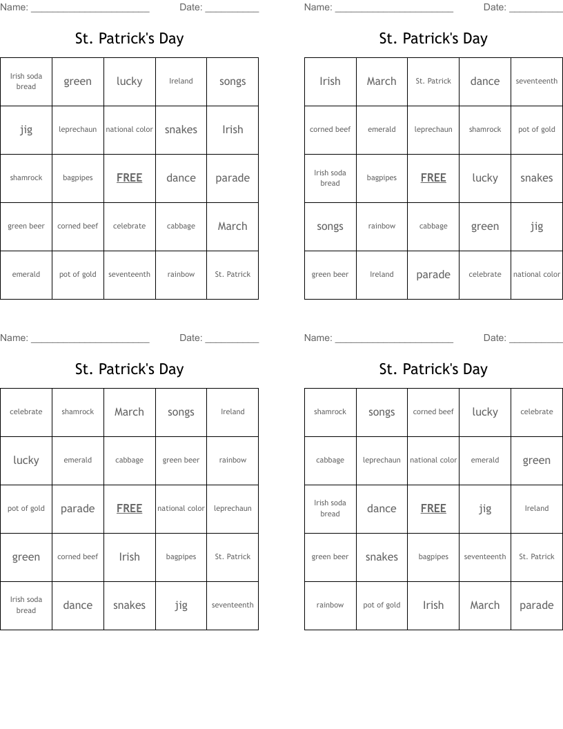 St. Patrick's Day Bingo Cards