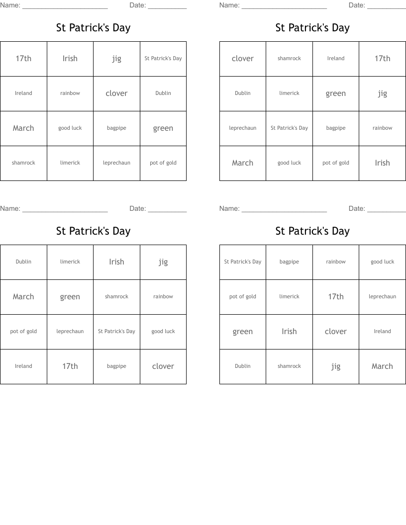 St Patrick's Day Bingo Cards