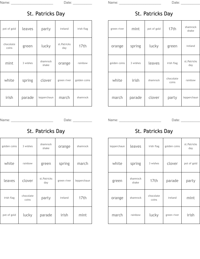 St. Patricks Day Bingo Cards