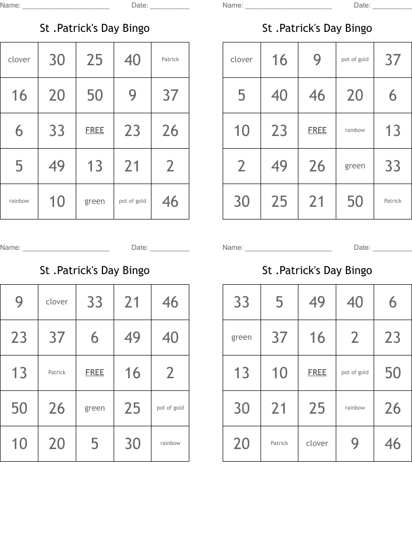St .Patrick's Day Bingo