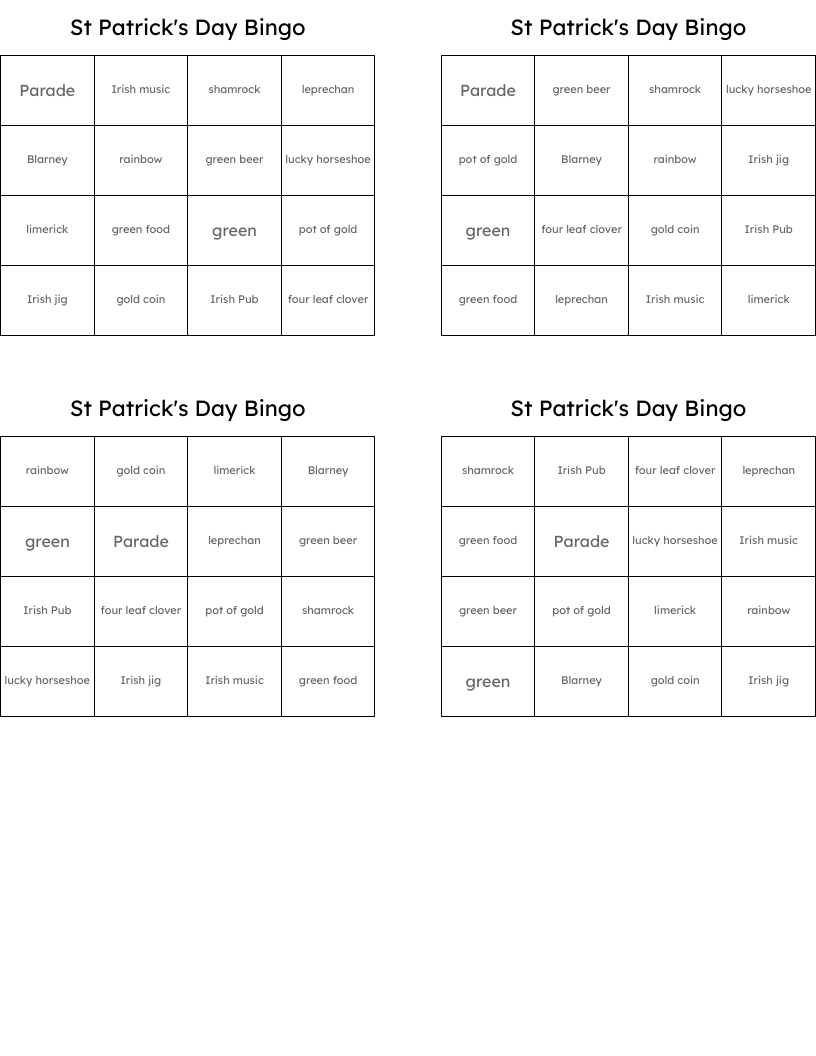 St Patrick's Day Bingo