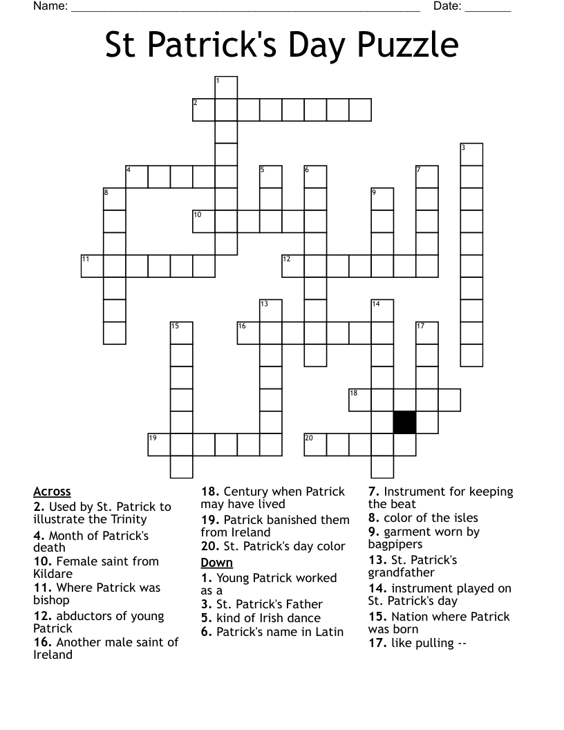 St Patrick's Day Puzzle Crossword