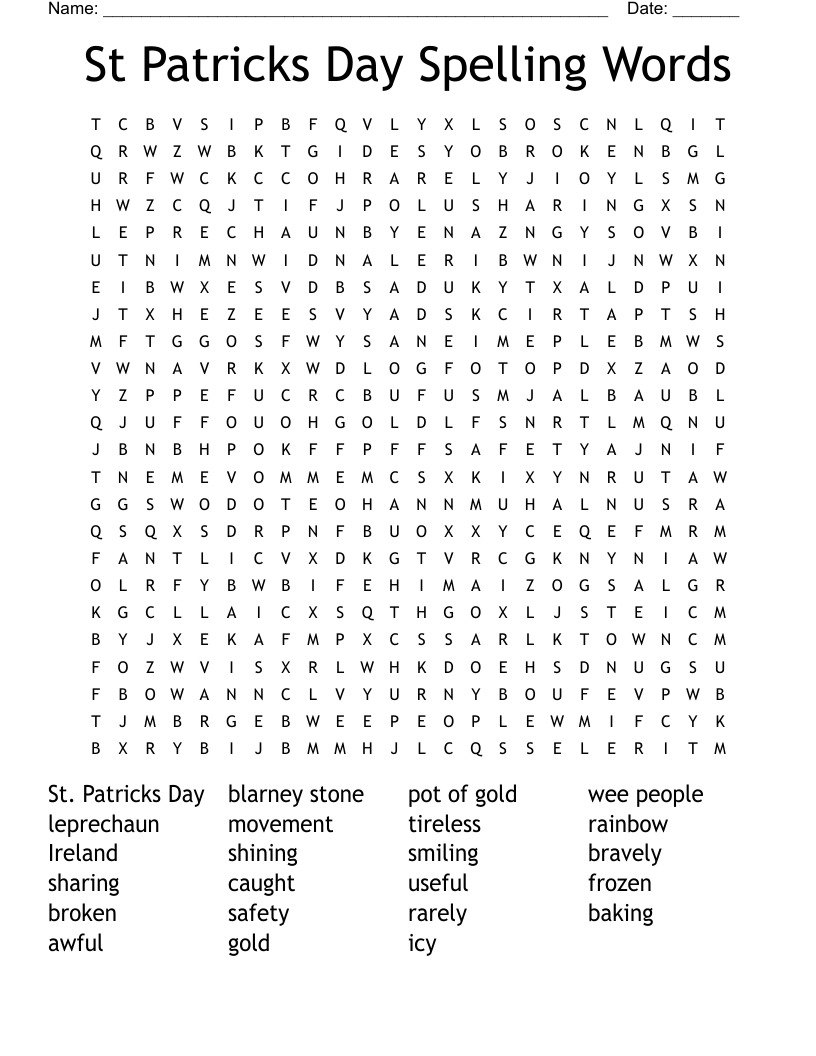 St Patricks Day Spelling Words Word Search
