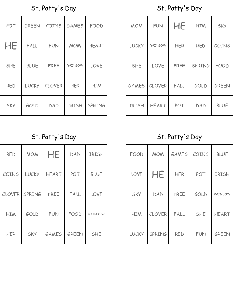 St. Patty's Day Bingo Cards