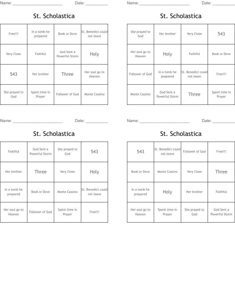 St. Scholastica Bingo Cards