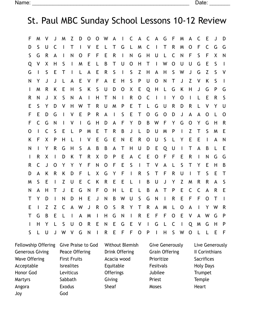 St.  Paul MBC Sunday School Lessons 10-12 Review Word Search