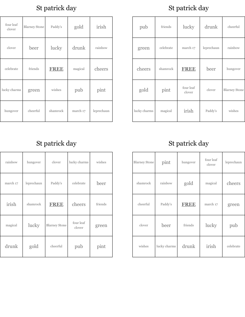 St patrick day Bingo Cards